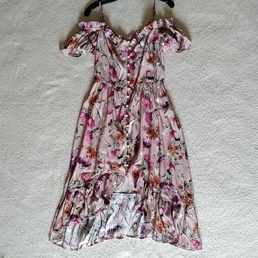Women's Pink Floral Off Shoulder Midi Hi-low Dress